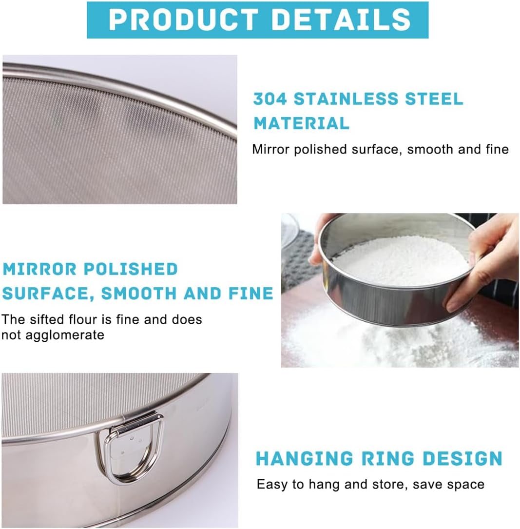 Flour Sifter Stainless Steel Round Flour Sieve 6 Inch 60 Mesh Fine Mesh Strainers for Baking Cake Bread