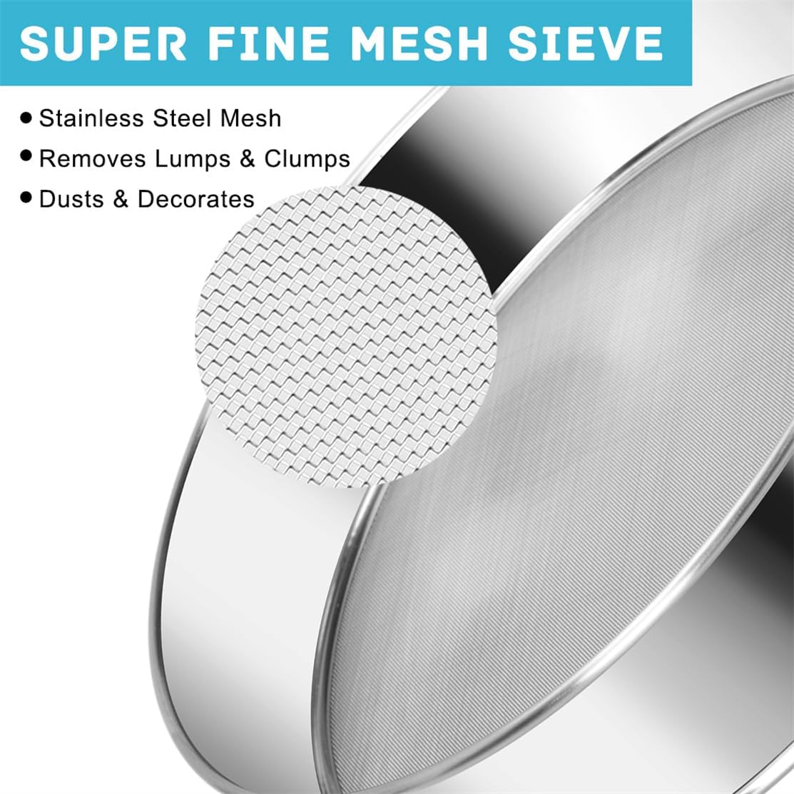 Flour Sifter Stainless Steel Round Flour Sieve 6 Inch 60 Mesh Fine Mesh Strainers for Baking Cake Bread