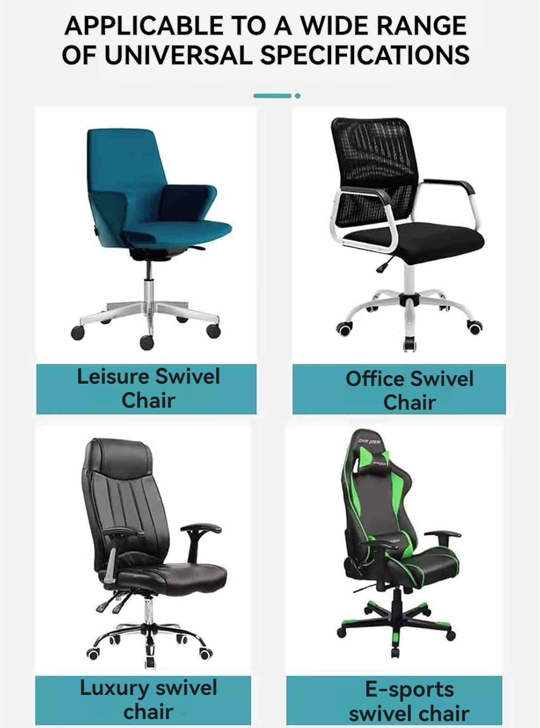 Office Chair Casters Wheels - Set of 5, Universal, Rodless, Silent, Easy Install, Metal, Swivel