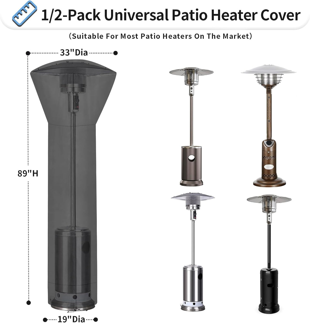 OutdoorLines Waterproof Outdoor Patio Heater Covers with Zipper and Storage Bag, Dust-proof UV-Resistant Windproof Propane Heavy Duty Heater Cover for Standing Heater, 1 Pack-89Hx33Dx19B inch Black