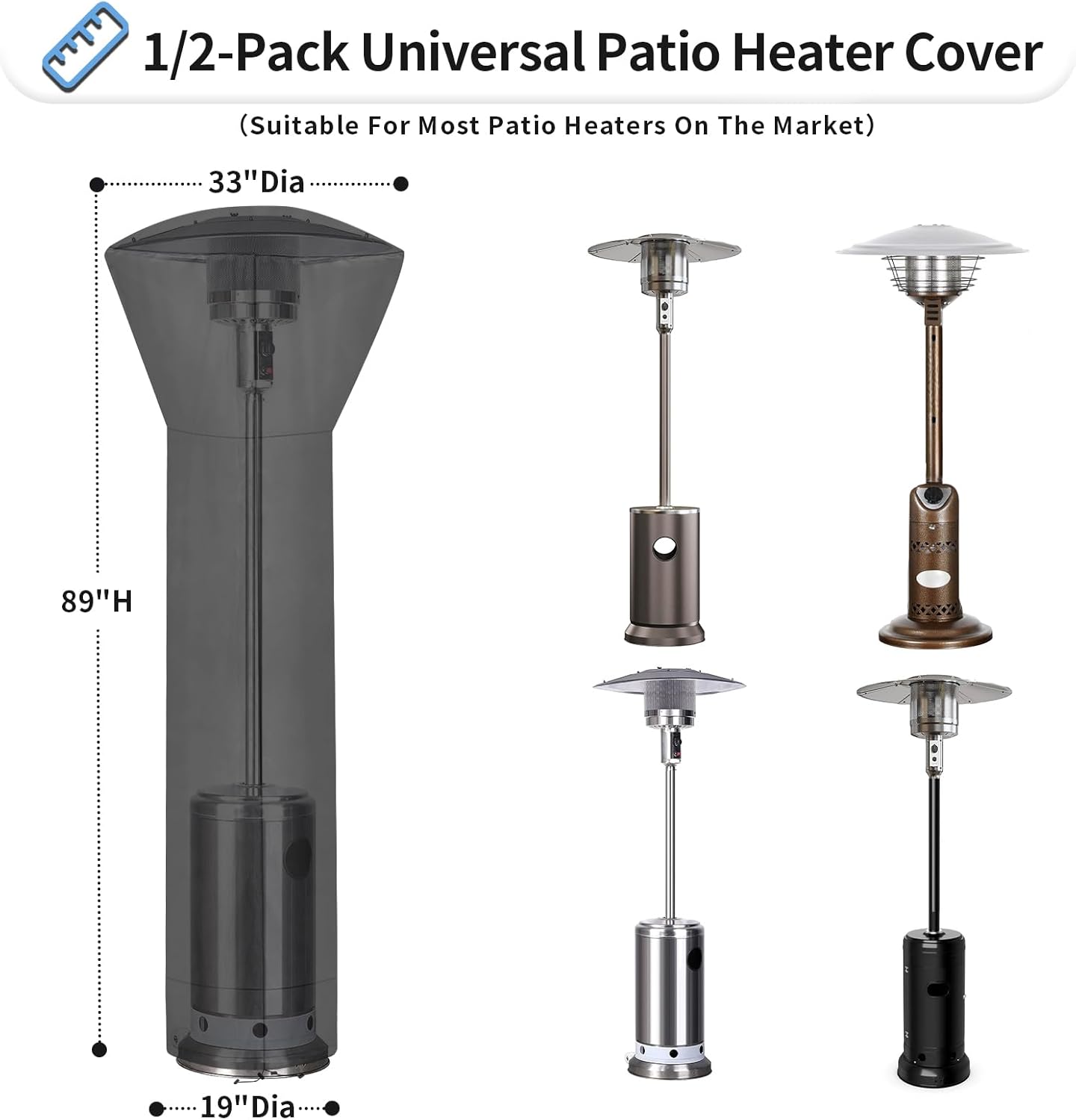 OutdoorLines Waterproof Outdoor Patio Heater Covers with Zipper and Storage Bag, Dust-proof UV-Resistant Windproof Propane Heavy Duty Heater Cover for Standing Heater, 1 Pack-89Hx33Dx19B inch Black
