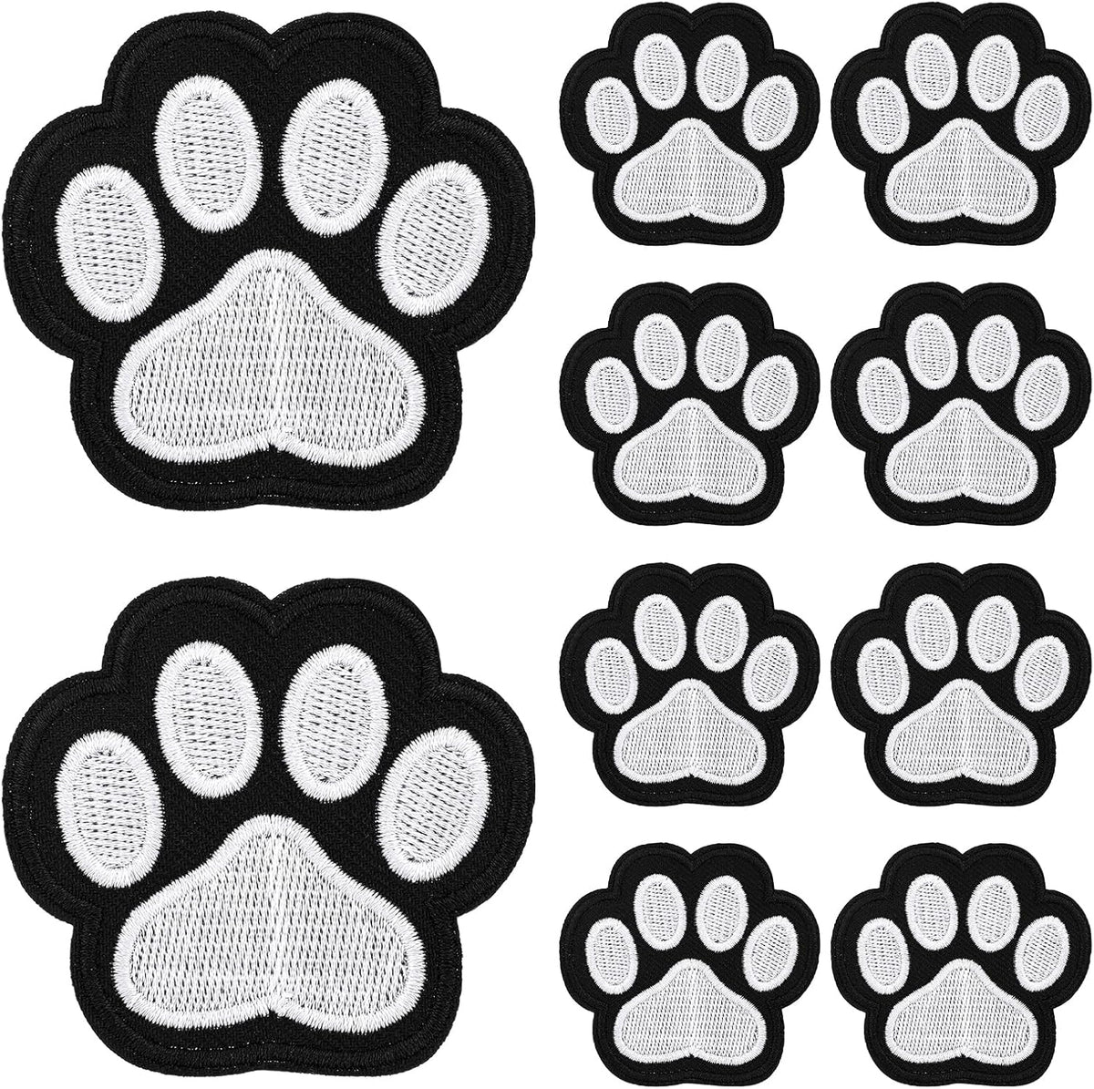 12 Pcs Cute Paw Print Iron on Patches, Self Adhesion Paw Print Applique Sewing Chenille Patches Embroidery Applique Patches Badge for Clothes Jeans Backpacks Hats (Black, White)
