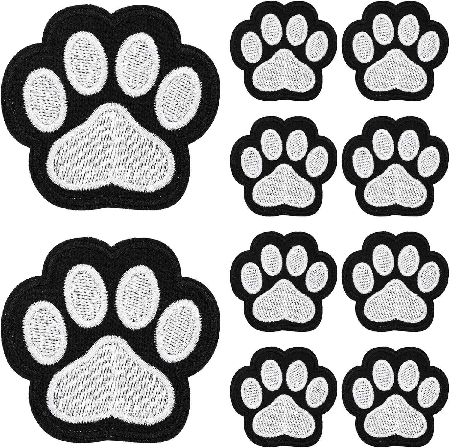 12 Pcs Cute Paw Print Iron on Patches, Self Adhesion Paw Print Applique Sewing Chenille Patches Embroidery Applique Patches Badge for Clothes Jeans Backpacks Hats (Black, White)
