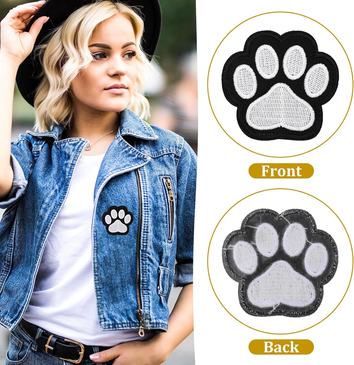 12 Pcs Cute Paw Print Iron on Patches, Self Adhesion Paw Print Applique Sewing Chenille Patches Embroidery Applique Patches Badge for Clothes Jeans Backpacks Hats (Black, White)