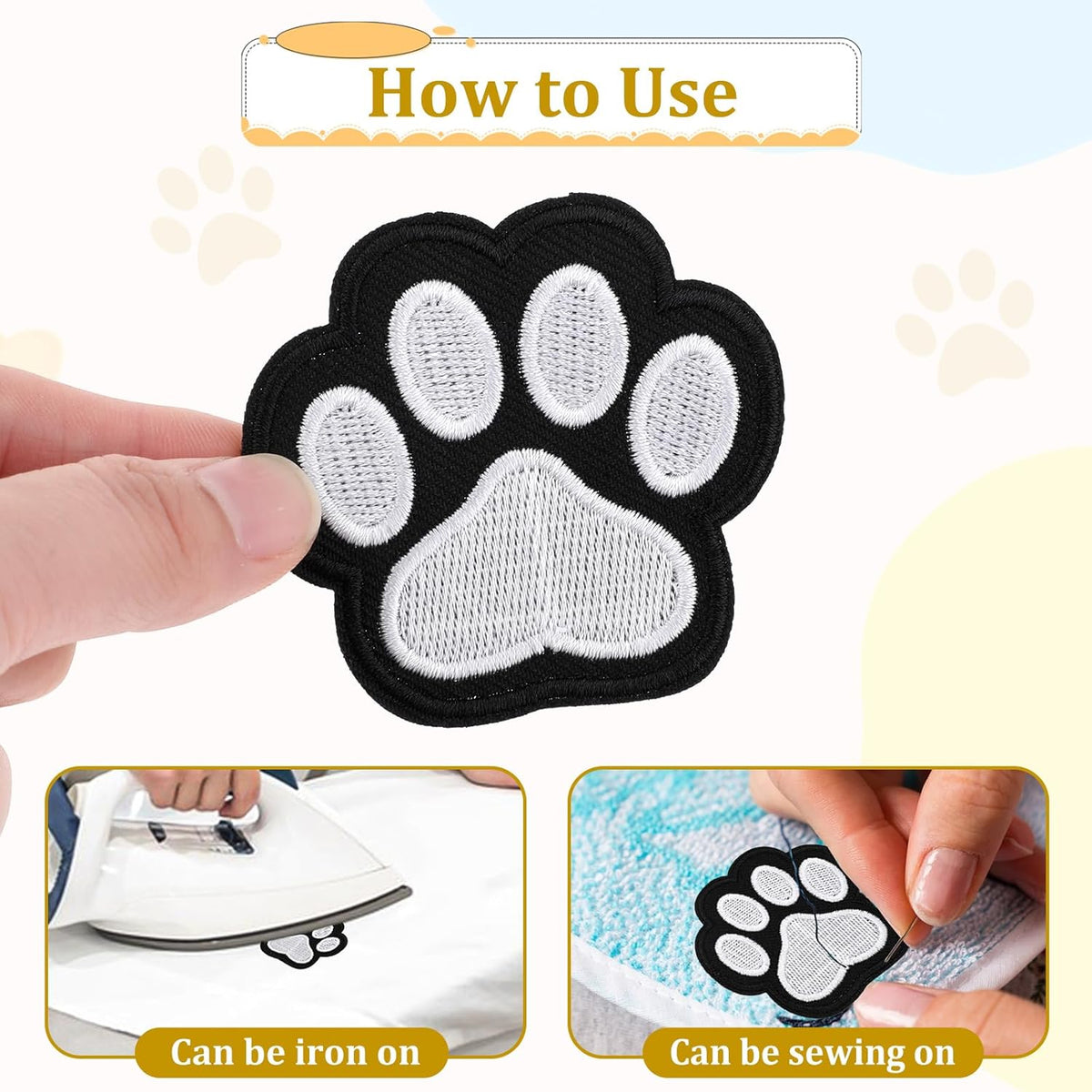 12 Pcs Cute Paw Print Iron on Patches, Self Adhesion Paw Print Applique Sewing Chenille Patches Embroidery Applique Patches Badge for Clothes Jeans Backpacks Hats (Black, White)