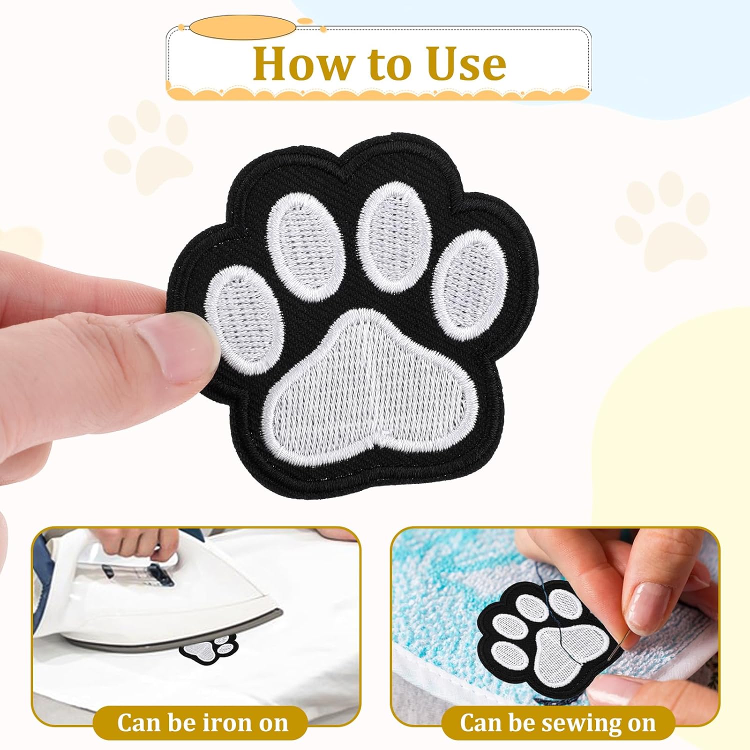 12 Pcs Cute Paw Print Iron on Patches, Self Adhesion Paw Print Applique Sewing Chenille Patches Embroidery Applique Patches Badge for Clothes Jeans Backpacks Hats (Black, White)