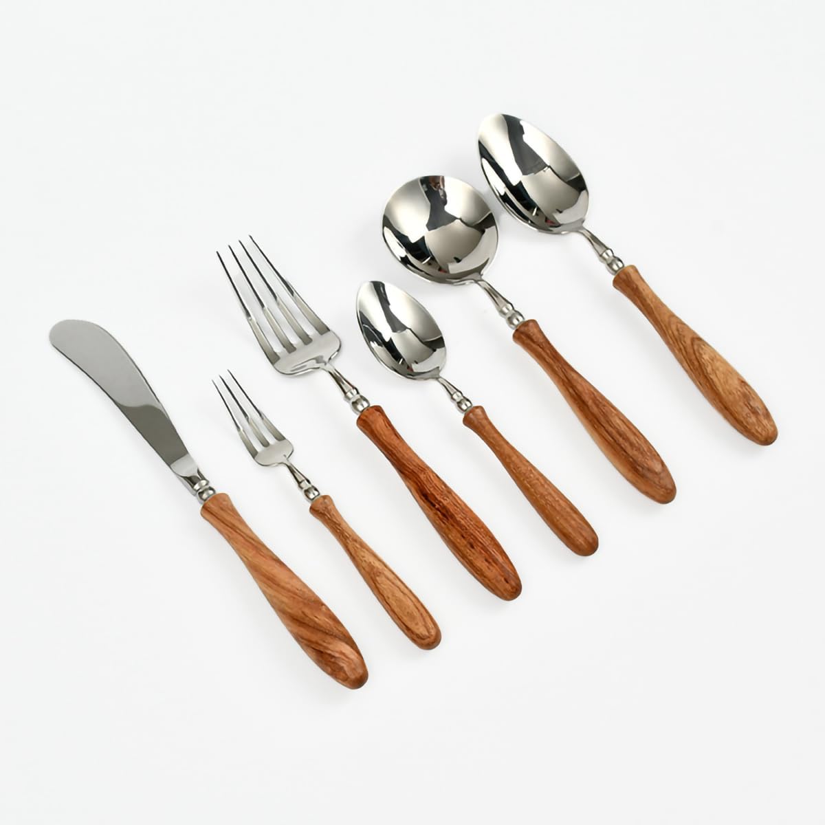 6-Pieces Wood Handle Flatware Set 18/10 Stainless Steel Silverware Cutlery Set with Wooden Handle Kitchen Restaurant Tae Utensil Set Spoons Forks Knives Set Service for 1