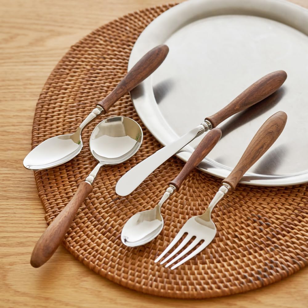 6-Pieces Wood Handle Flatware Set 18/10 Stainless Steel Silverware Cutlery Set with Wooden Handle Kitchen Restaurant Tae Utensil Set Spoons Forks Knives Set Service for 1