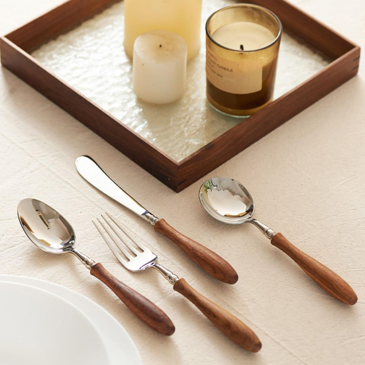 6-Pieces Wood Handle Flatware Set 18/10 Stainless Steel Silverware Cutlery Set with Wooden Handle Kitchen Restaurant Tae Utensil Set Spoons Forks Knives Set Service for 1