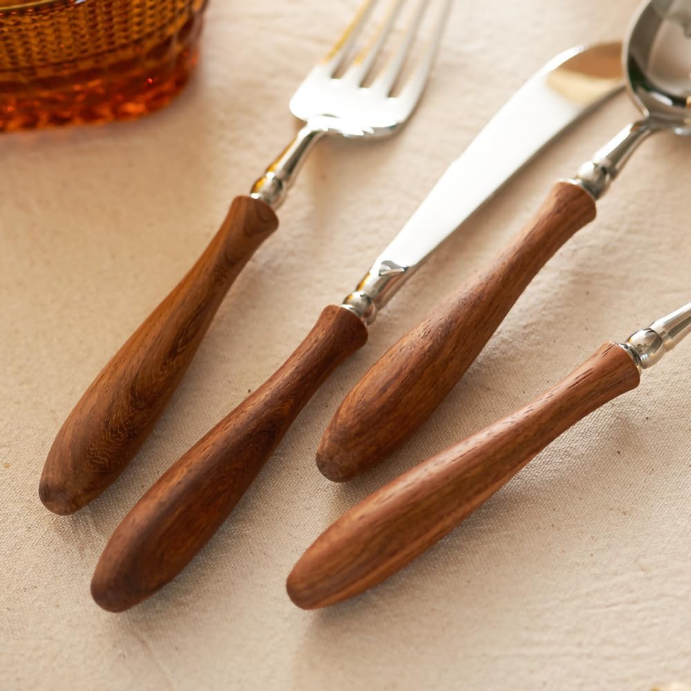 6-Pieces Wood Handle Flatware Set 18/10 Stainless Steel Silverware Cutlery Set with Wooden Handle Kitchen Restaurant Tae Utensil Set Spoons Forks Knives Set Service for 1