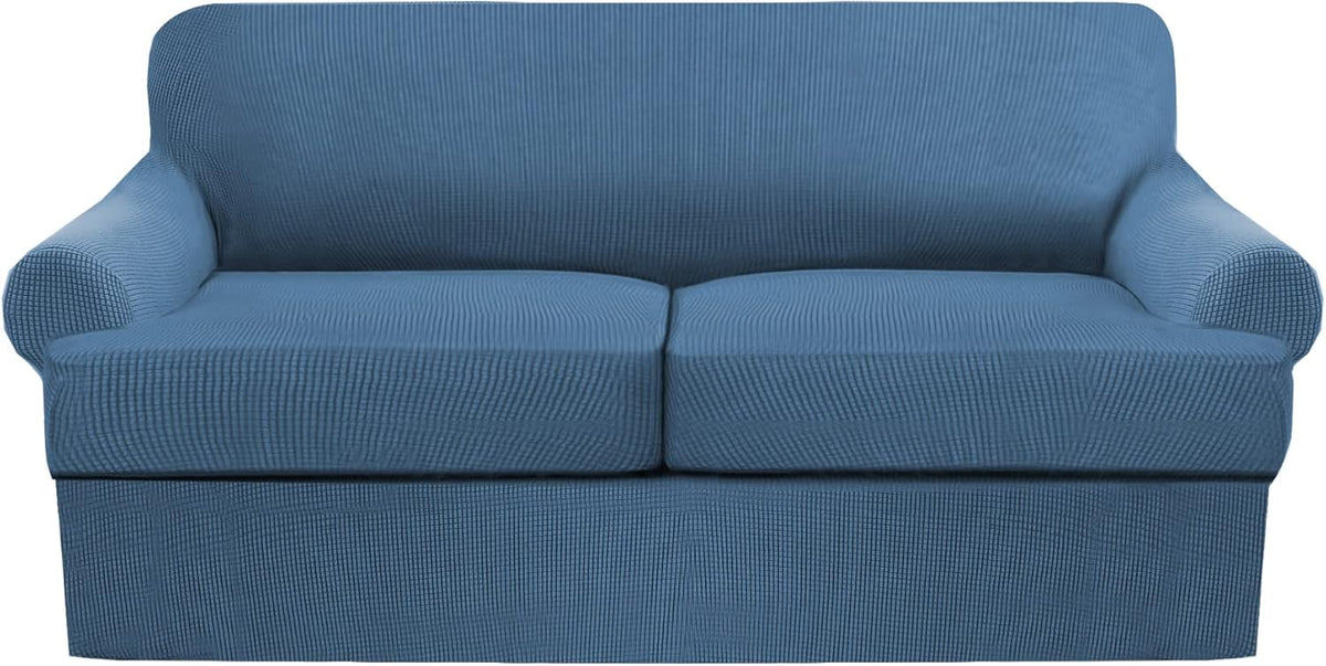 3 Piece T Cushion Sofa Slipcovers Thick Couch Cover Furniture Protector Stretch T Cushion Sofa Covers for 2 Cushion Couch with 2 Individual T Cushion Covers Washable (Blue, Loveseat X-Large)