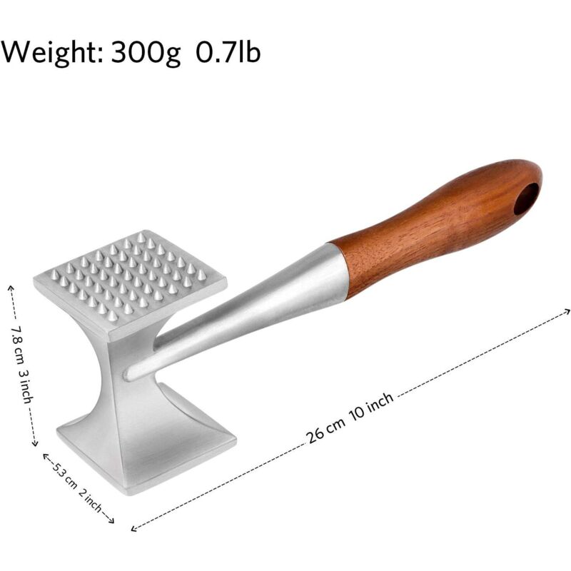 Heavy Duty Meat Mallet Tenderizer 26cm with Wooden Handle Food Grade Zinc Alloy