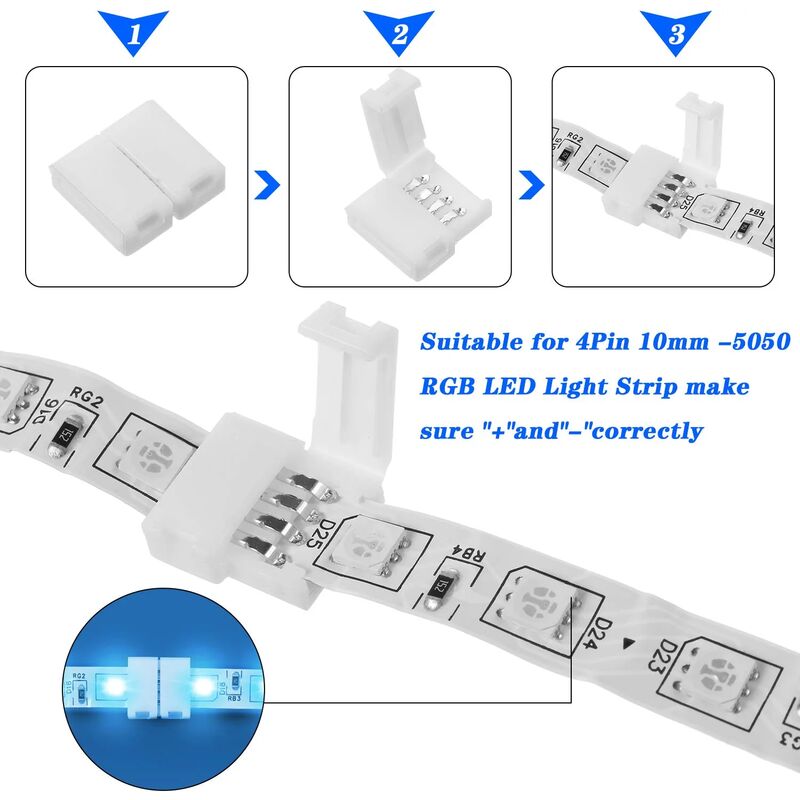 RGB LED Strip Connector Kit, 30pcs, 4-Pin 10mm Solderless Connector, SMD 5050 LED Strip, 20 Gapless 5L 5T Contacts Connector