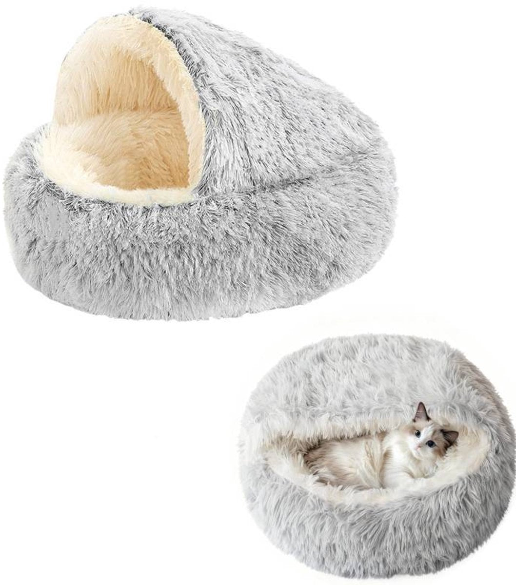 Cat Bed - Cave Cat Basket 40cm - Calming and Anti-Anxiety - For Small Dogs/Cats - Donut - Gray and White