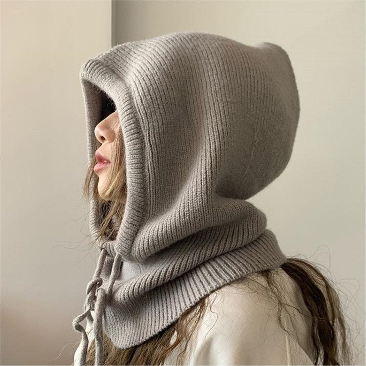 Winter Hats for Women - Knitted Hats - Drawstring - Warm Hooded Scarf - Windproof Hooded Face Mask - Knitted Hat and Neck Warmer Set - Suitable for Skiing, Horse Riding and Motorcycling - Gray