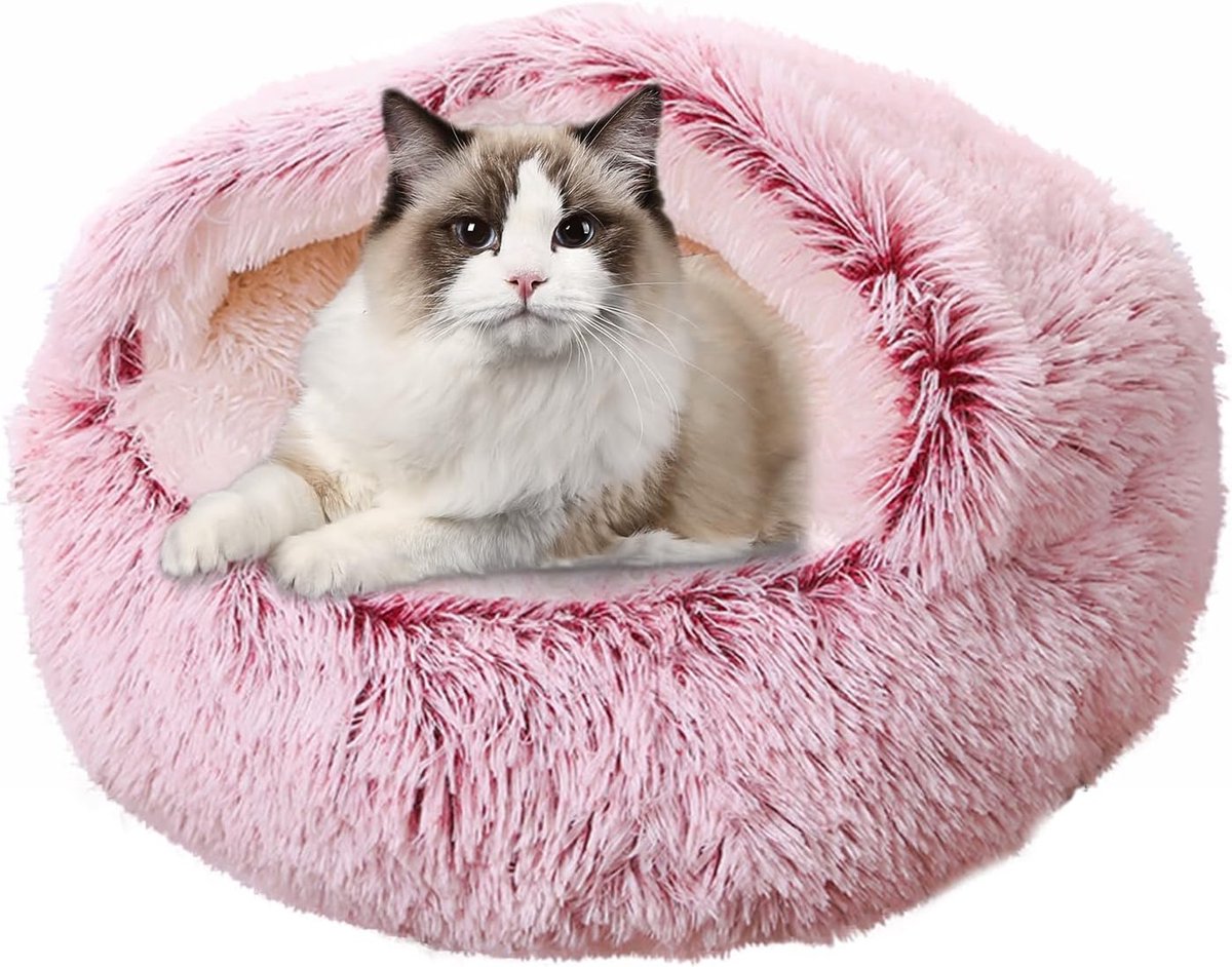 Cat Bed - Cave Cat Basket 40cm - Calming and Anti-Anxiety - For Small Dogs/Cats - Donut - Pink