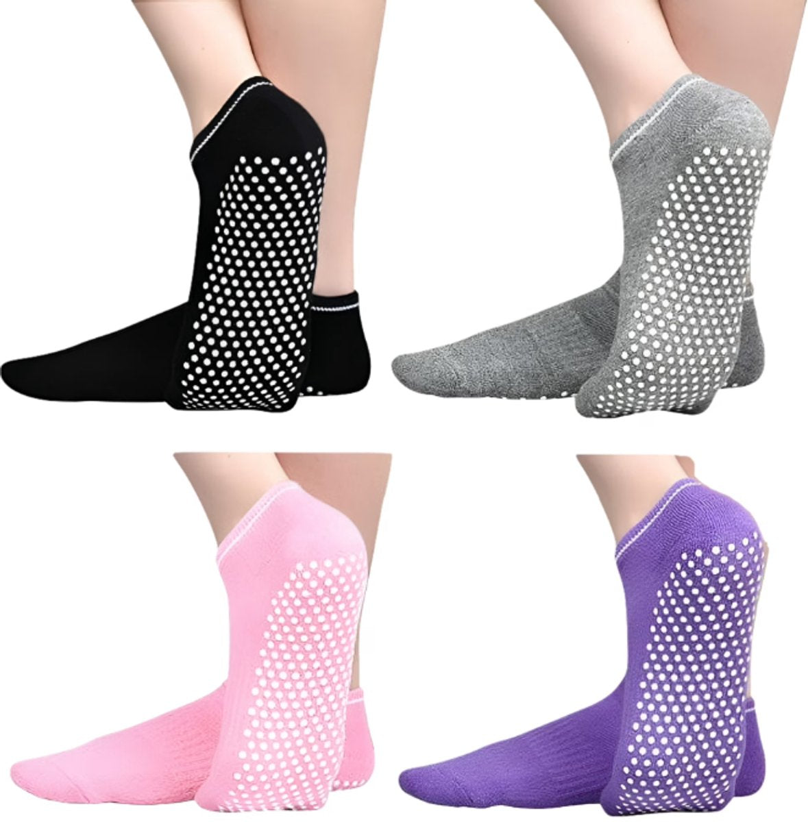 Non-slip socks - Pack of 4 pairs - Yoga and trampoline socks - Non-slip texture - Suitable for family use (black + light gray + pink + purple)