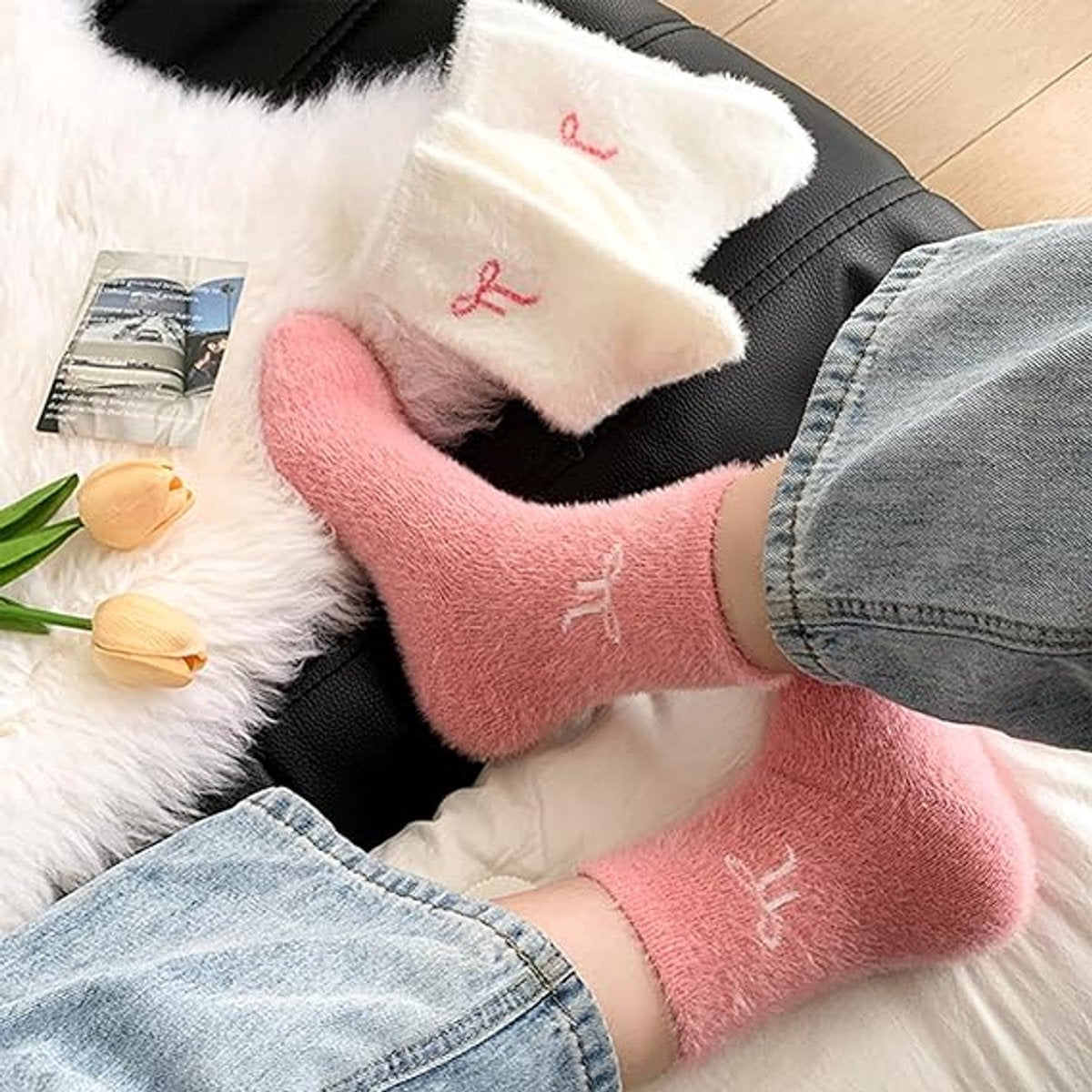 5 pairs of fleece socks for women - Comfortable lace-up socks - Warm winter socks - Thick fleece socks for home use - Warm winter socks - Soft sleeping socks - Lounge socks - Christmas gift - Birthday gift