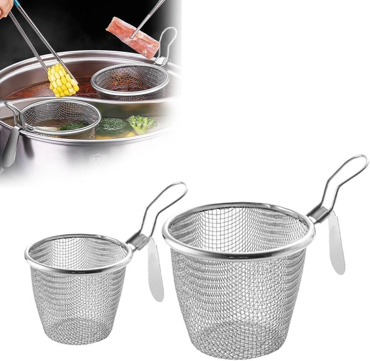 Stainless Steel Pasta Basket - Cooking Basket with Pasta Clamp - Hanging Strainer - Kitchen Utensils Suitable for Pasta, Ramen, Pho and Vegetables