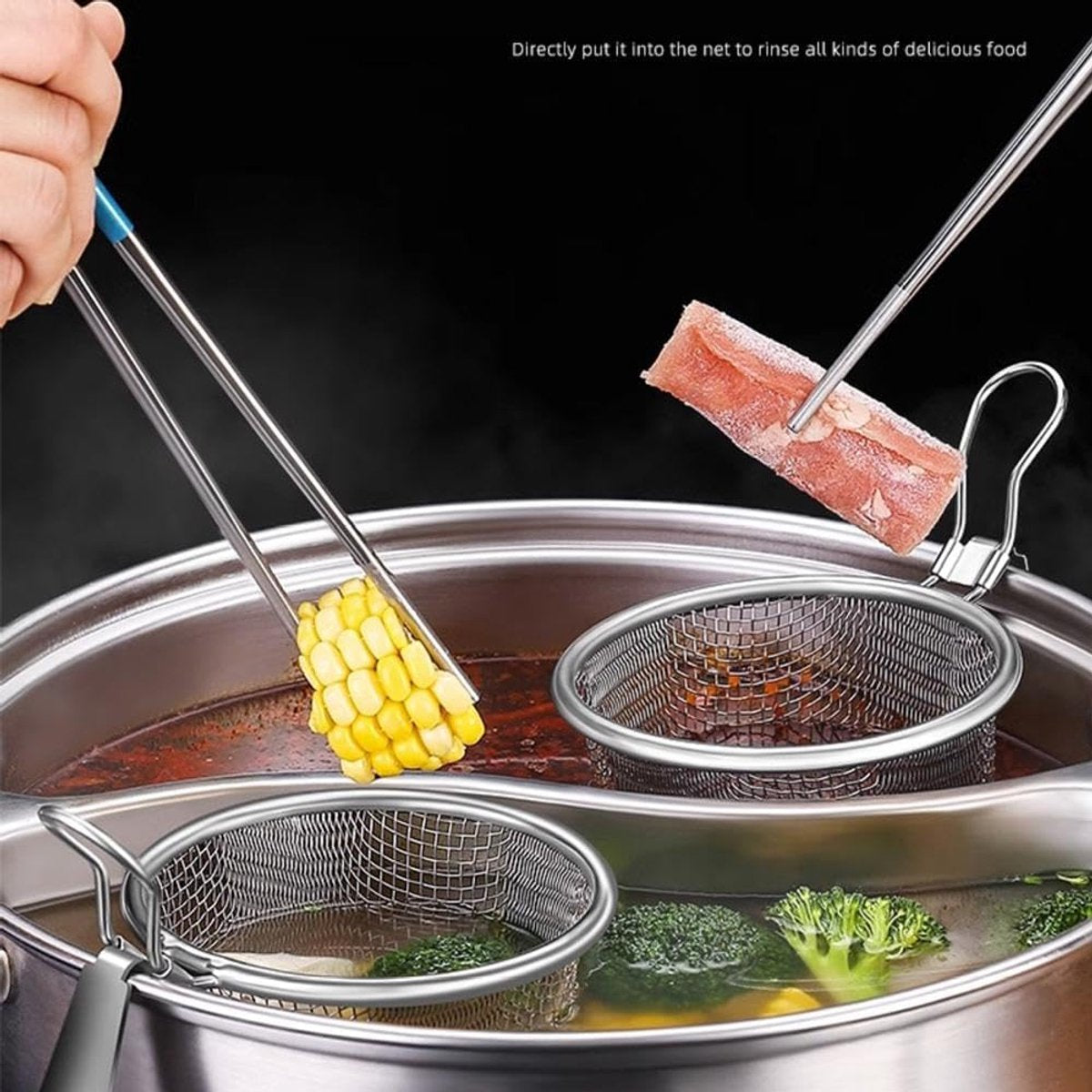 Stainless Steel Pasta Basket - Cooking Basket with Pasta Clamp - Hanging Strainer - Kitchen Utensils Suitable for Pasta, Ramen, Pho and Vegetables