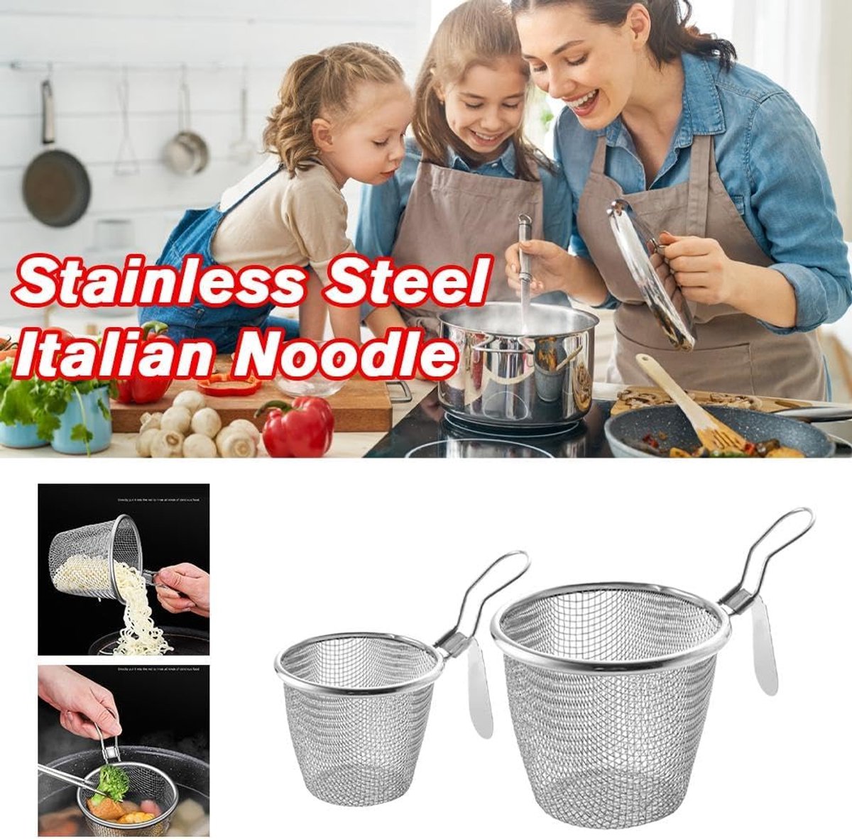 Stainless Steel Pasta Basket - Cooking Basket with Pasta Clamp - Hanging Strainer - Kitchen Utensils Suitable for Pasta, Ramen, Pho and Vegetables