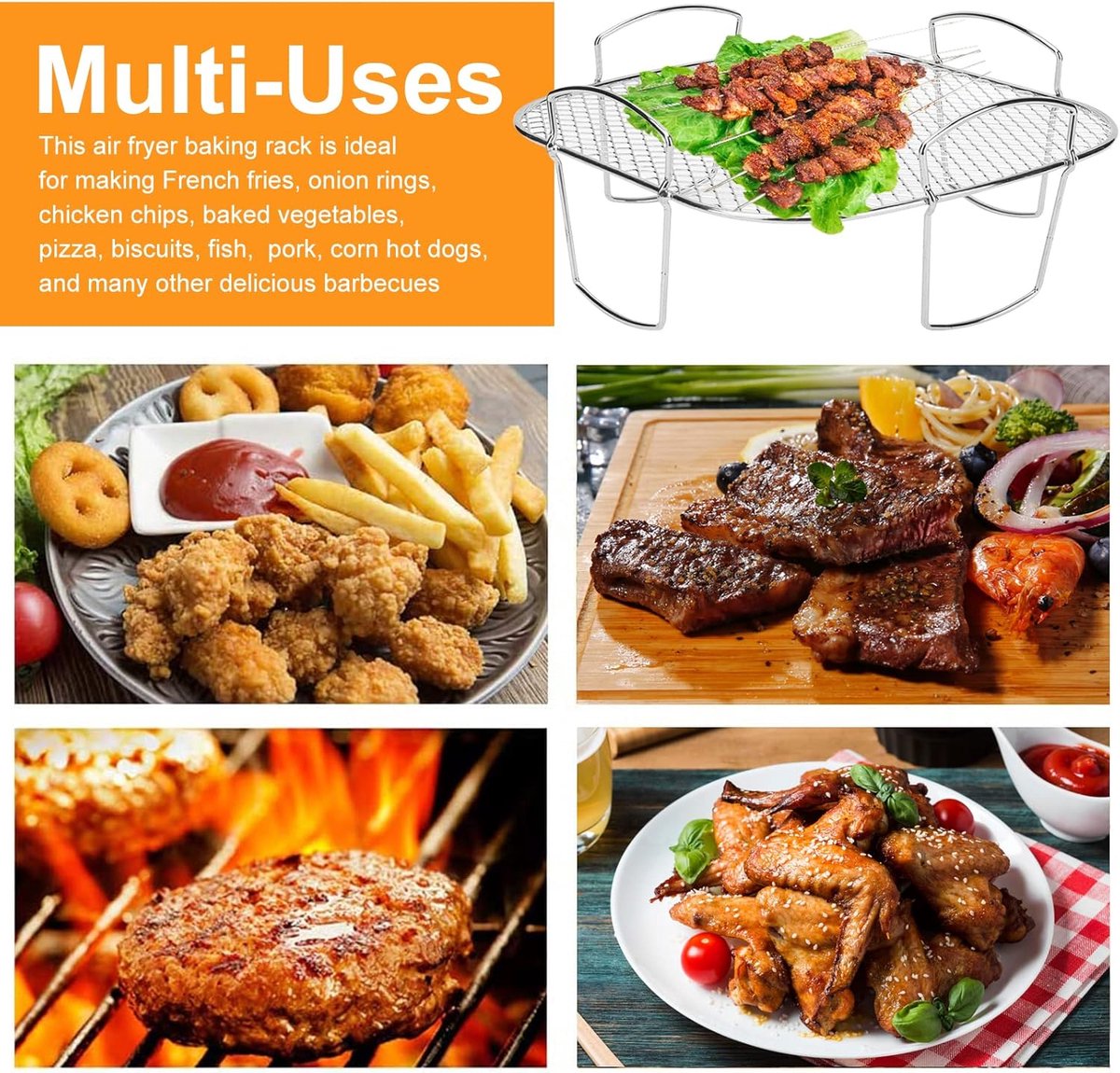 Square air fryer rack - Air fryer baking pan - Air fryer accessories - Stainless steel - 20.5 cm