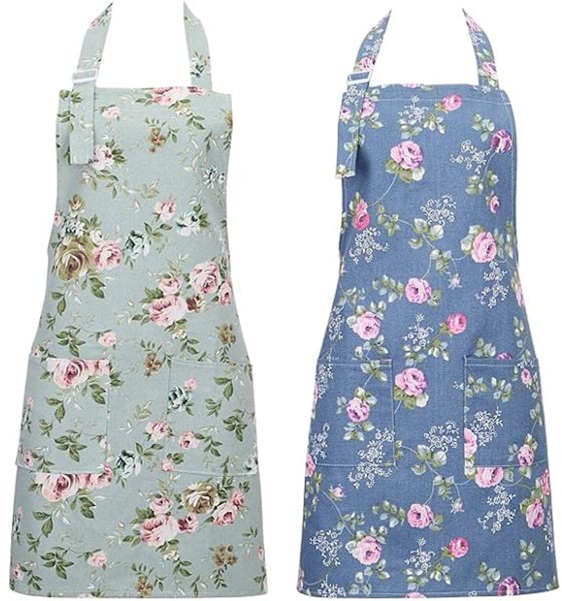 Aprons - Women's Kitchen - Adjustable Floral Apron with Large Pockets - for Cooking, Baking, Gardening - 2-Pack