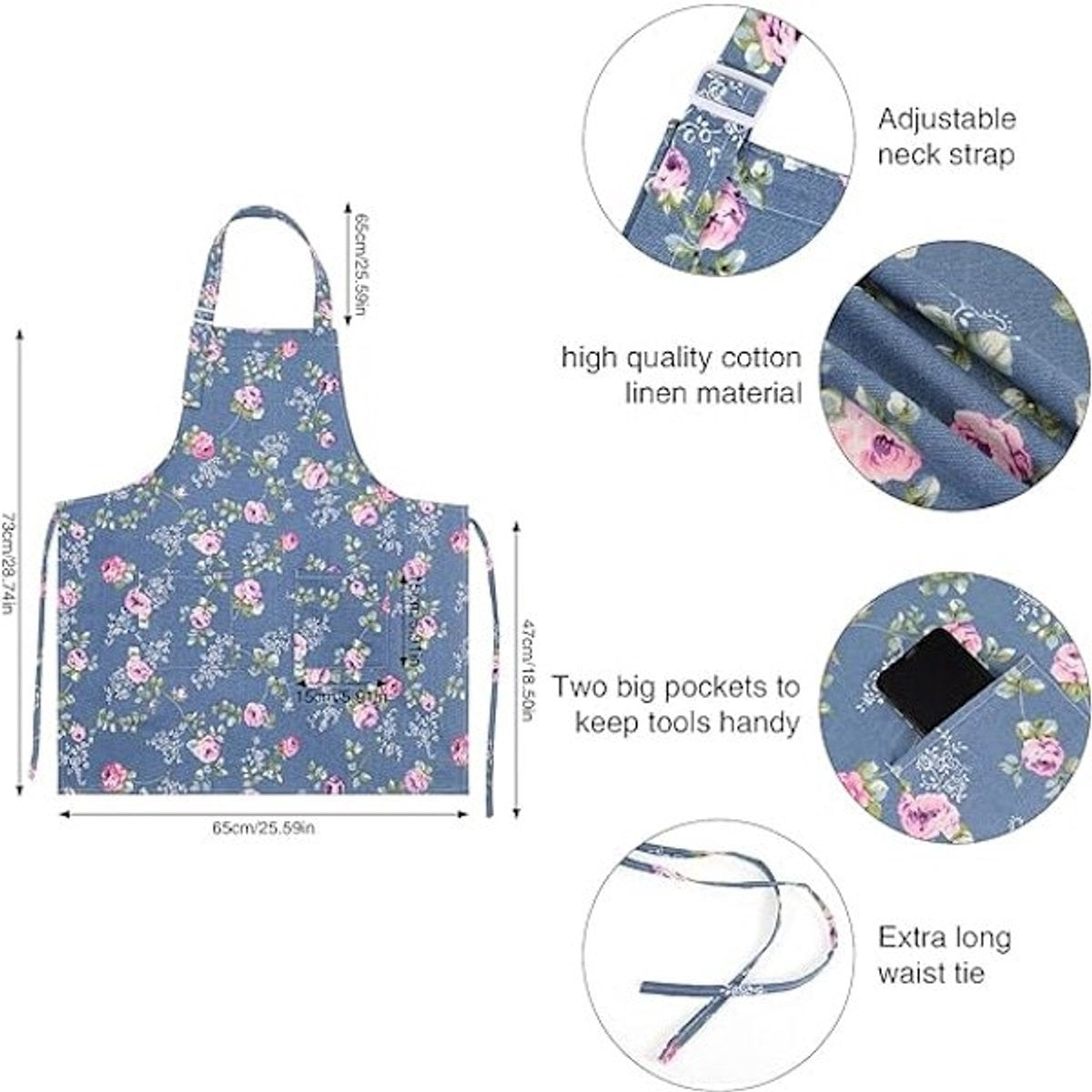 Aprons - Women's Kitchen - Adjustable Floral Apron with Large Pockets - for Cooking, Baking, Gardening - 2-Pack