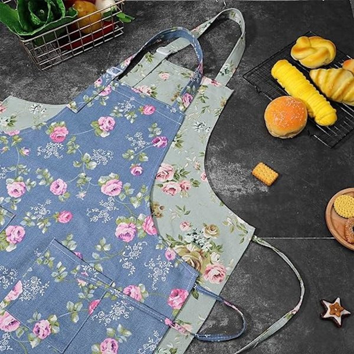 Aprons - Women's Kitchen - Adjustable Floral Apron with Large Pockets - for Cooking, Baking, Gardening - 2-Pack