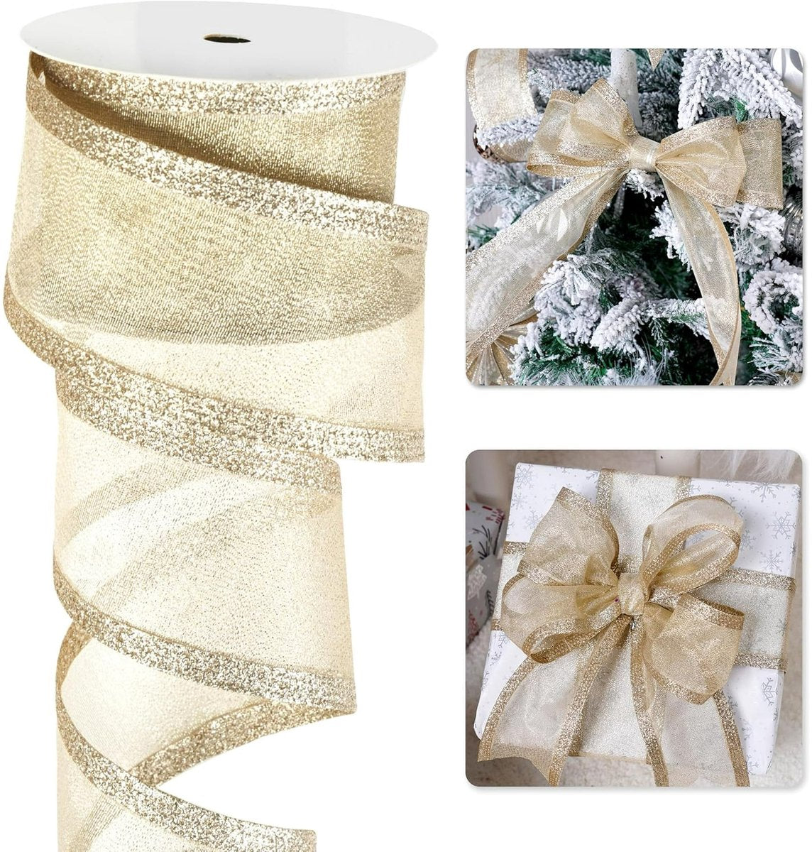 Champagne Christmas Ribbon - 2.5" Champagne Gold Metallic Ribbon with Glitter Stripes - Christmas Tree Ribbon, Garland Supplies - Ornaments - Wreaths - Party Decorations - 10 Yards