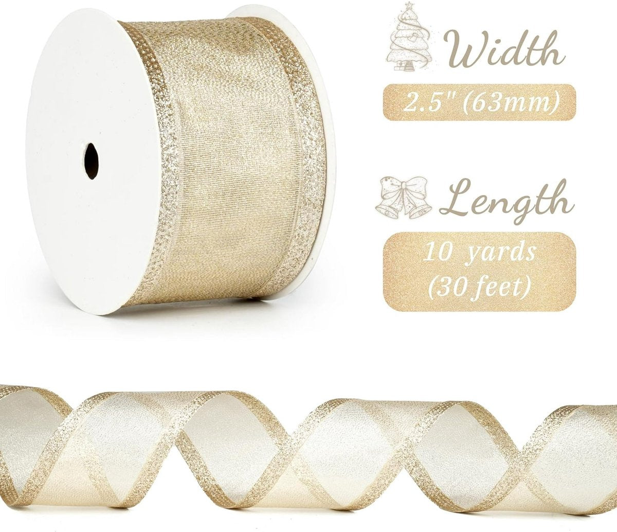 Champagne Christmas Ribbon - 2.5" Champagne Gold Metallic Ribbon with Glitter Stripes - Christmas Tree Ribbon, Garland Supplies - Ornaments - Wreaths - Party Decorations - 10 Yards