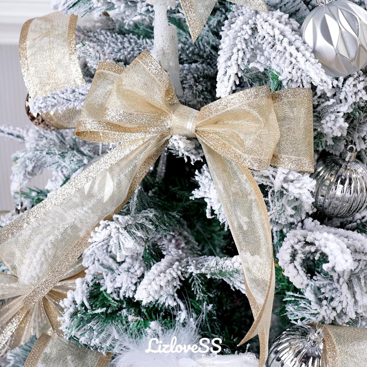 Champagne Christmas Ribbon - 2.5" Champagne Gold Metallic Ribbon with Glitter Stripes - Christmas Tree Ribbon, Garland Supplies - Ornaments - Wreaths - Party Decorations - 10 Yards