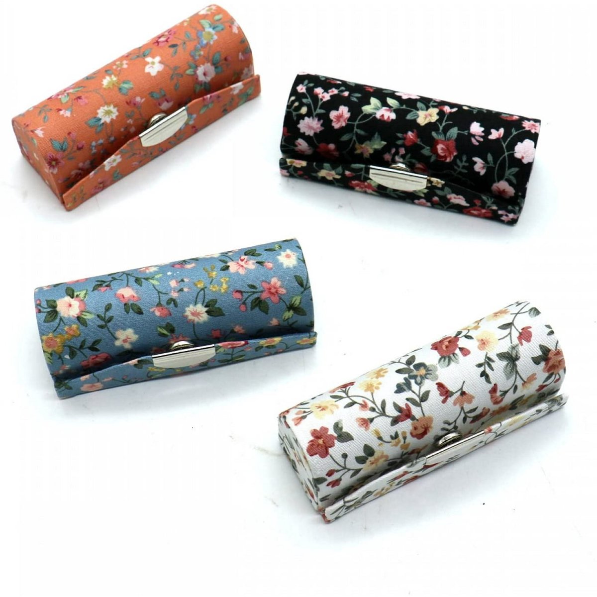 Organizer - Set of 4 Women's Lipstick Cases with Floral Motif and Mirror - Makeup Storage Set, Cosmetic Travel Bag and Organizer