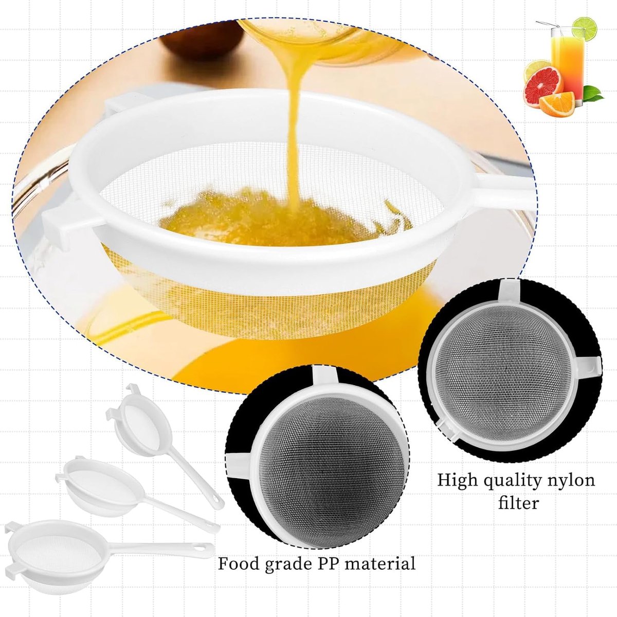 Filter - Strainer - Strainer Set - Strainer Set - Three-Piece Strainer Set with Handles - Kitchen Strainer - Milk Strainer - Suitable for Camellia Milk Tea (3, 4, 5.5 inches)