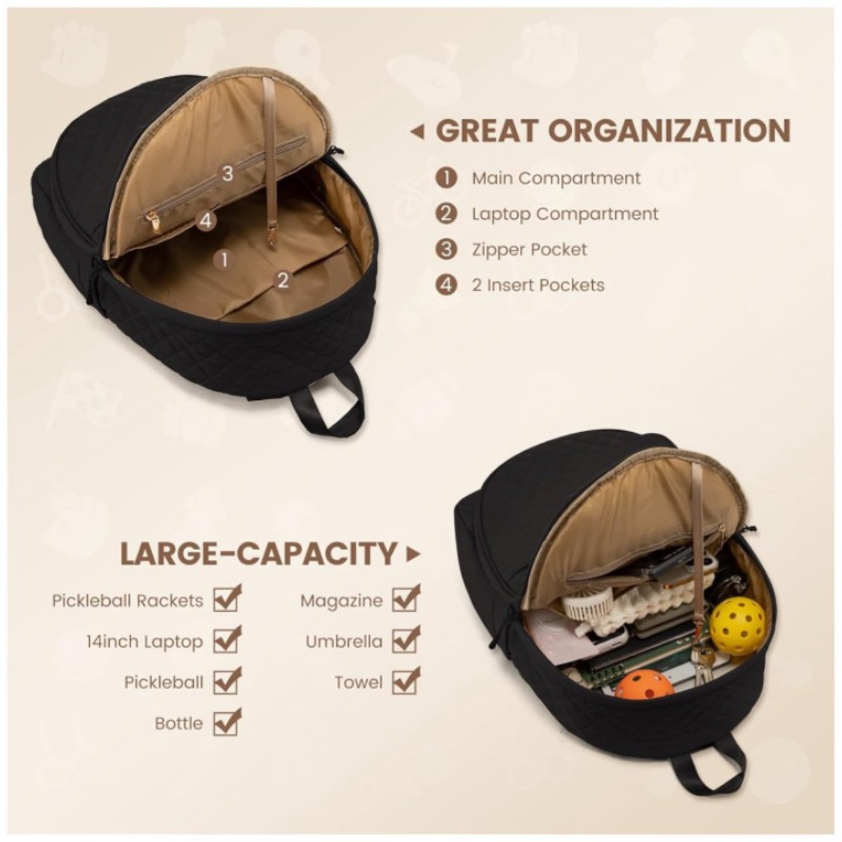 Backpack - Tennis Shoulder-Crossbody Bag - Sports Bag - Waterproof Racket Bag - Suitable for Pickles and Badminton - Off-White