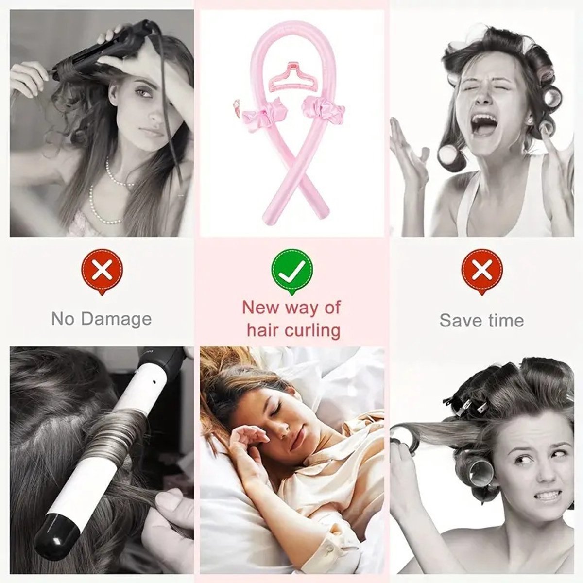 Hair Rollers - 9-Piece - Heatless Curling Iron - Heatless Curls - Curls without Heat - Includes Hair Clip and Satin Sleep Cap (Pink)