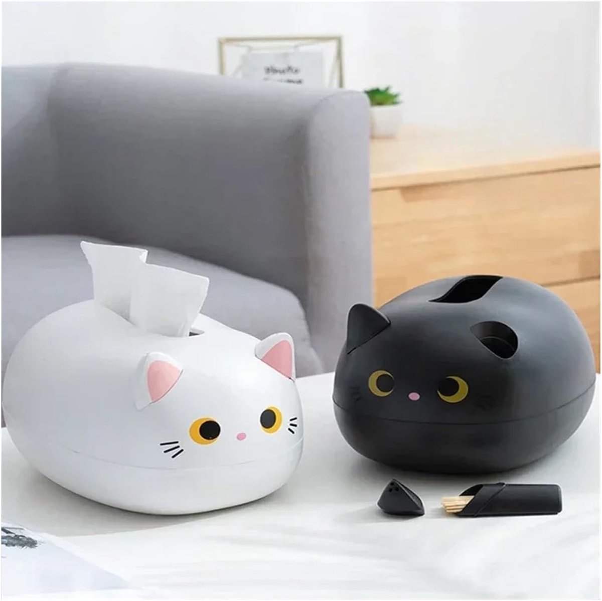Tissue Box - Tissue Box Organizer with Cat Print - Napkin Holder for the Living Room - Tissue Box for the Kitchen - Toilet Paper Holder for the Bathroom (White，22*16*13cm)