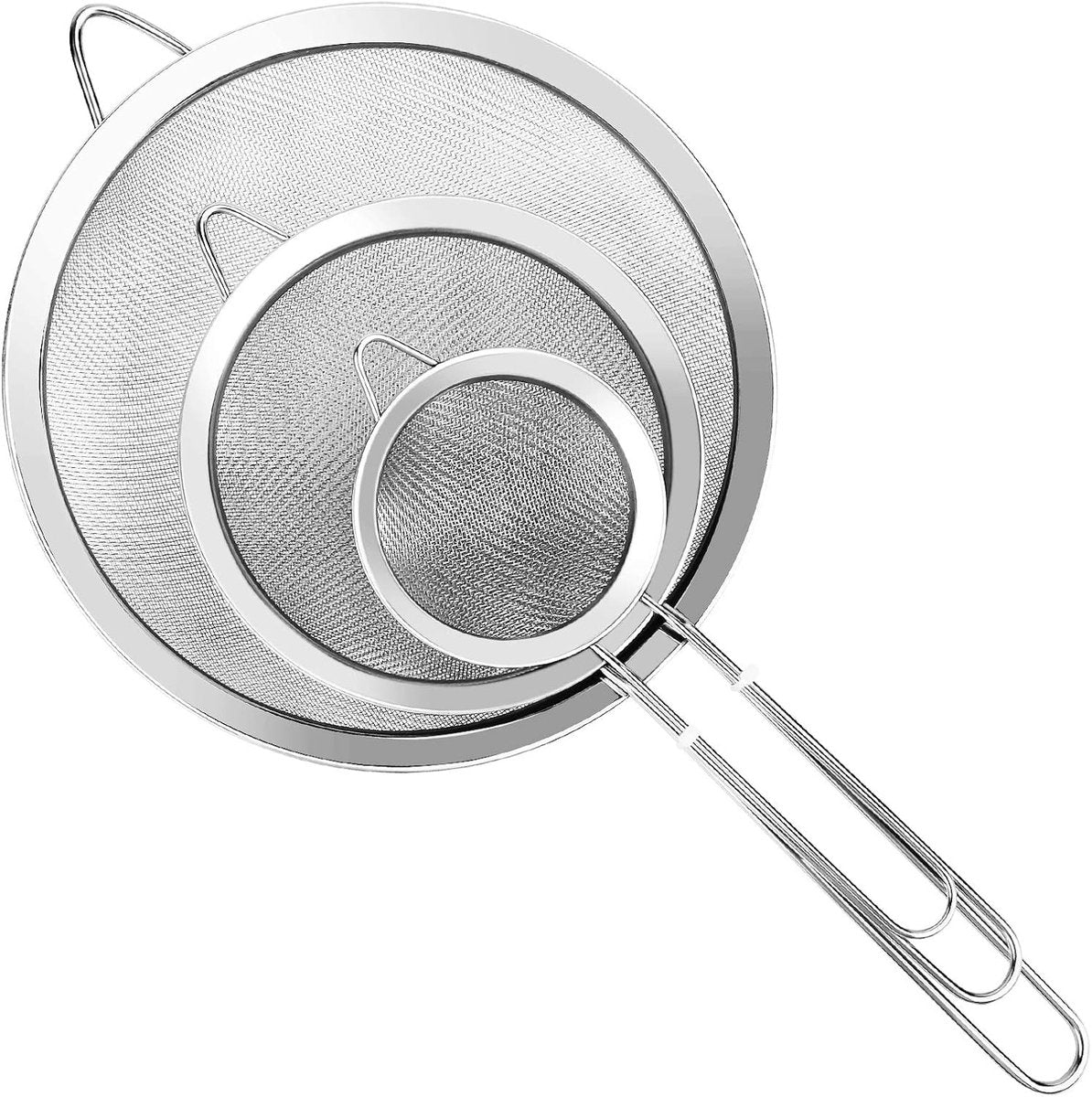 Three-Piece Ultra Fine Metal Sieve Set - with Handles - Sizes Small, Medium &amp; Large - Made of Stainless Steel - Suitable for Kitchen, Rice, Juice, Quinoa, Food, Flour &amp; Baking.