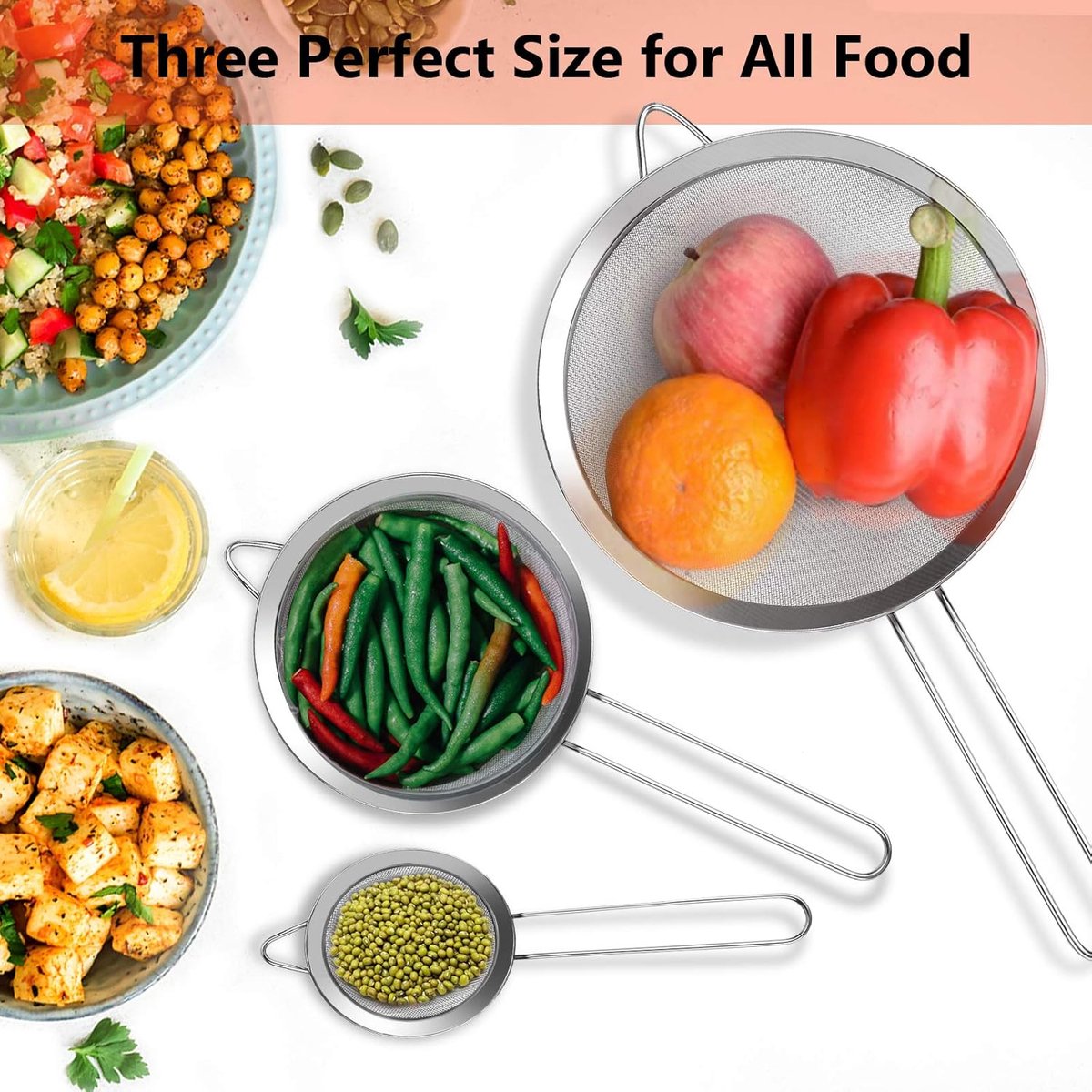 Three-Piece Ultra Fine Metal Sieve Set - with Handles - Sizes Small, Medium & Large - Made of Stainless Steel - Suitable for Kitchen, Rice, Juice, Quinoa, Food, Flour & Baking.
