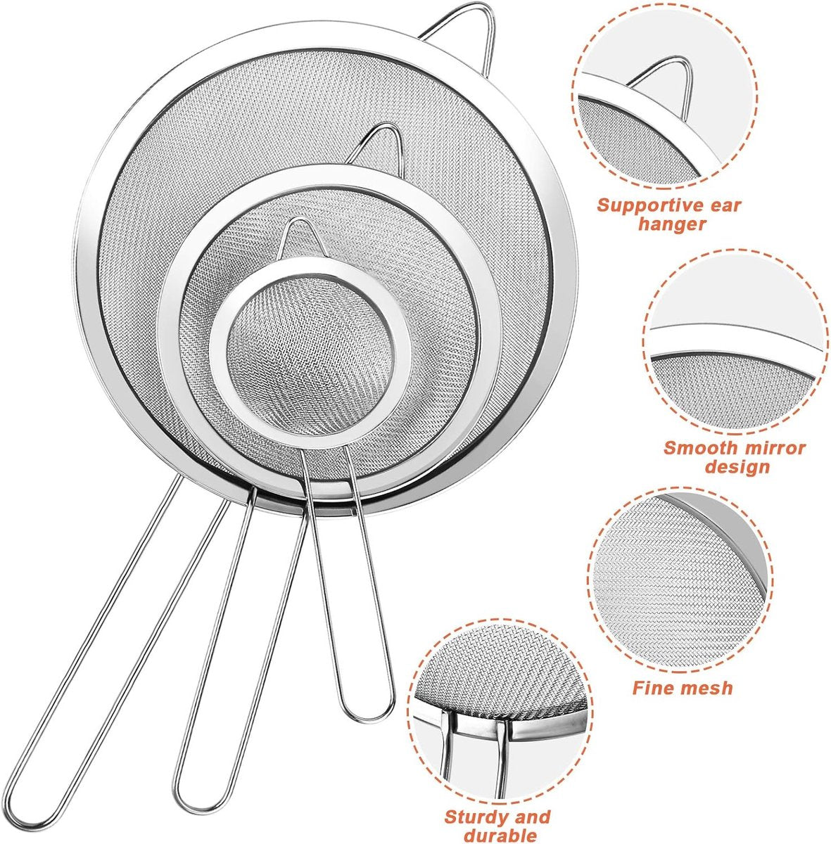 Three-Piece Ultra Fine Metal Sieve Set - with Handles - Sizes Small, Medium & Large - Made of Stainless Steel - Suitable for Kitchen, Rice, Juice, Quinoa, Food, Flour & Baking.