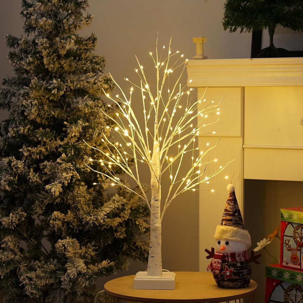 LED Lighting - Christmas Tree with LED Lighting - 60cm Birch Wood Christmas Decoration - Bright and Warm White Tree Lights - Suitable for Indoor Christmas Decorations - Thanksgiving/Christmas Decorations Indoors
