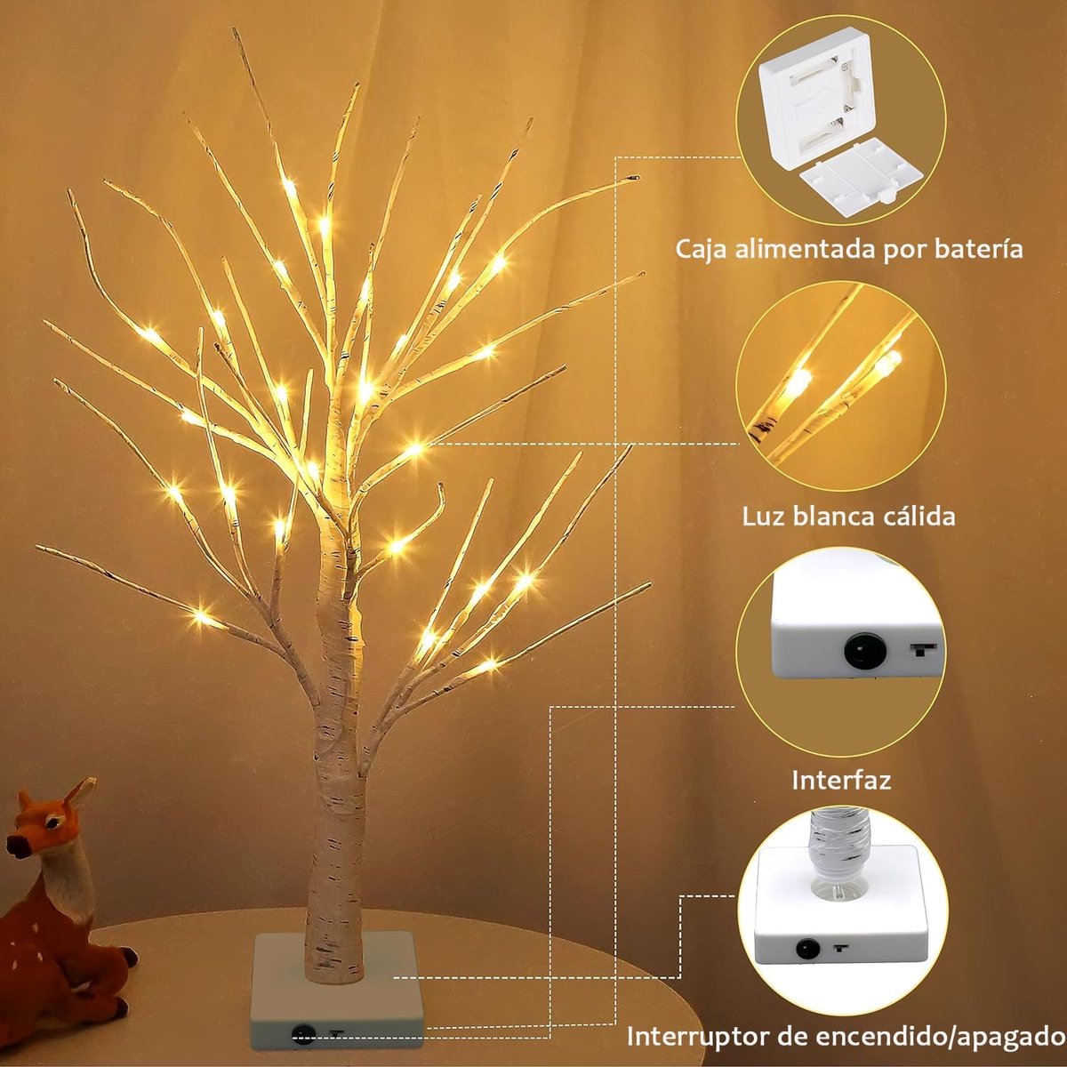 LED Lighting - Christmas Tree with LED Lighting - 60cm Birch Wood Christmas Decoration - Bright and Warm White Tree Lights - Suitable for Indoor Christmas Decorations - Thanksgiving/Christmas Decorations Indoors
