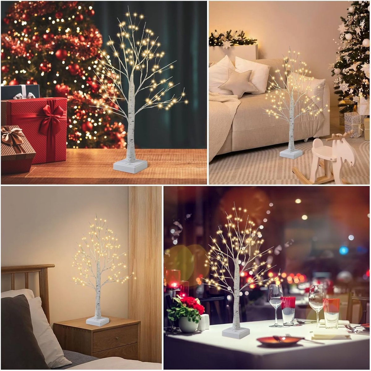 LED Lighting - Christmas Tree with LED Lighting - 60cm Birch Wood Christmas Decoration - Bright and Warm White Tree Lights - Suitable for Indoor Christmas Decorations - Thanksgiving/Christmas Decorations Indoors