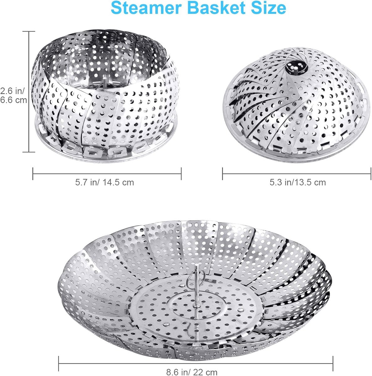 Vegetable Steamer Basket - Collapsible Steamer Basket - Stainless Steel Foldable Steamer Basket - For Cooking Food - Expandable, Suitable for Pots of Different Sizes (13.5cm to 21.8cm).