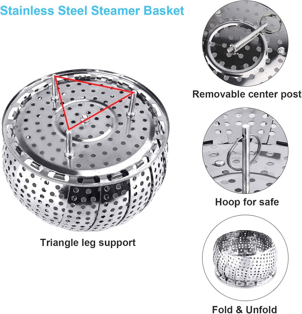 Vegetable Steamer Basket - Collapsible Steamer Basket - Stainless Steel Foldable Steamer Basket - For Cooking Food - Expandable, Suitable for Pots of Different Sizes (13.5cm to 21.8cm).