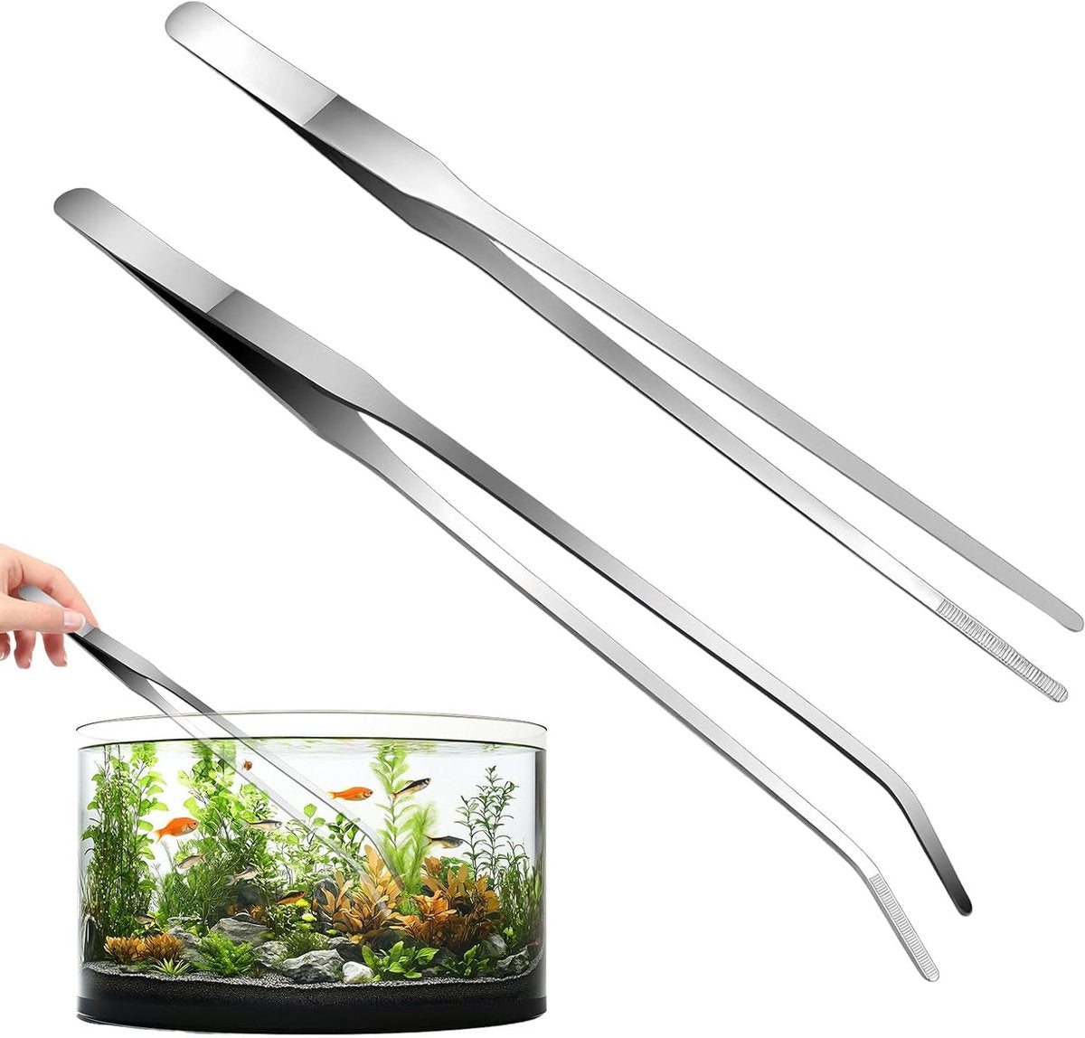 2-pack curved aquarium tweezers - Straight and curved tweezers - 27 cm long stainless steel tweezers - Suitable for lizards, spiders, fish and aquariums