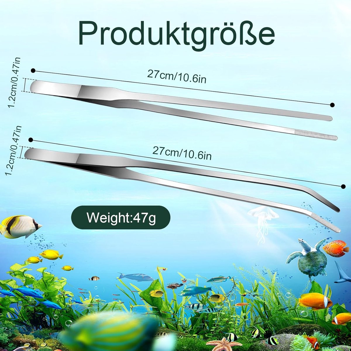 2-pack curved aquarium tweezers - Straight and curved tweezers - 27 cm long stainless steel tweezers - Suitable for lizards, spiders, fish and aquariums