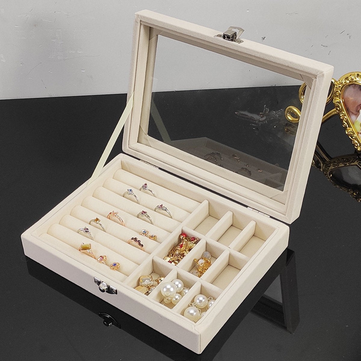 Jewelry Box - Jewelry Box with Glass Lid and Lock - 9 Compartment Jewelry Organizer - Suitable for storing earrings, bracelets and women's jewelry.