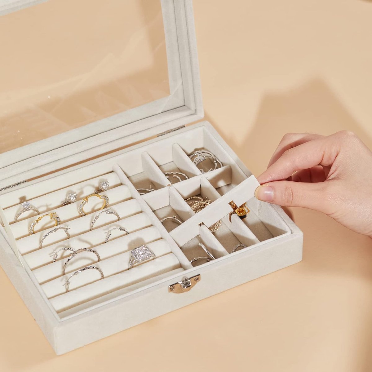 Jewelry Box - Jewelry Box with Glass Lid and Lock - 9 Compartment Jewelry Organizer - Suitable for storing earrings, bracelets and women's jewelry.
