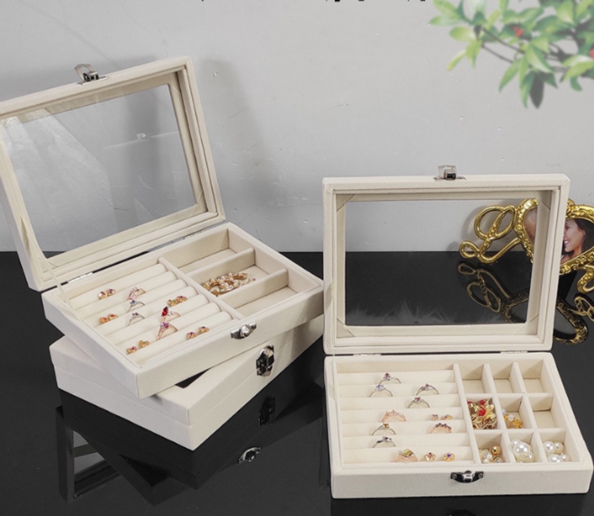 Jewelry Box - Jewelry Box with Glass Lid and Lock - 9 Compartment Jewelry Organizer - Suitable for storing earrings, bracelets and women's jewelry.